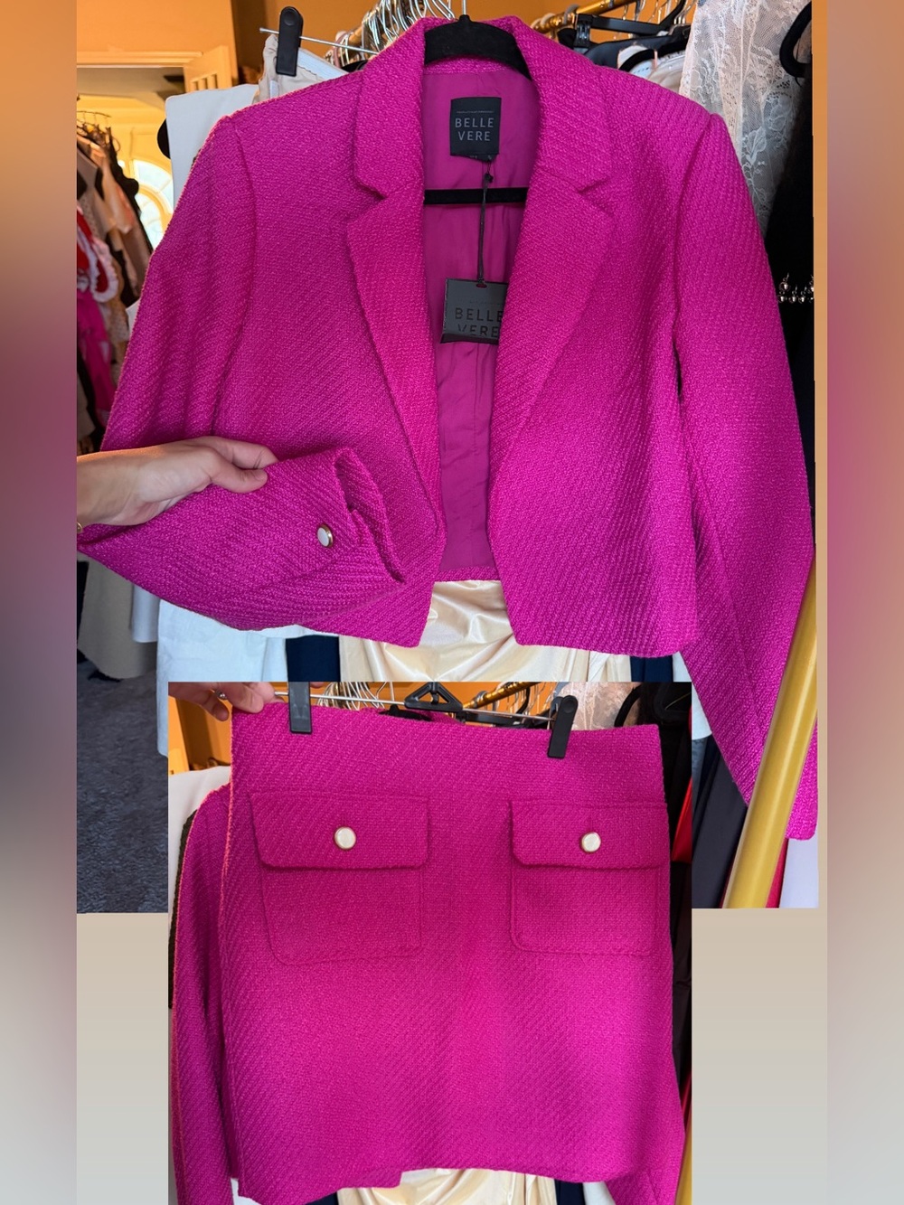 Anthropologie Belle Vere 2 piece blazer & skirt SET Fuchsia Textured